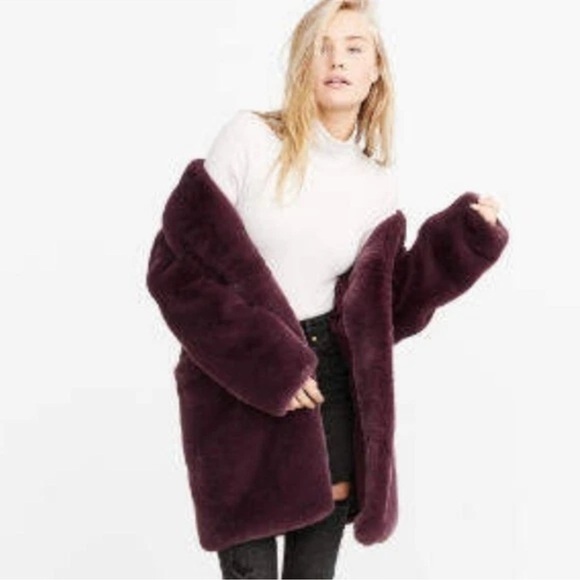 ABERCROMBIE & Fitch burgundy maroon red faux fur shearling coat cozy S y2k - Picture 4 of 13